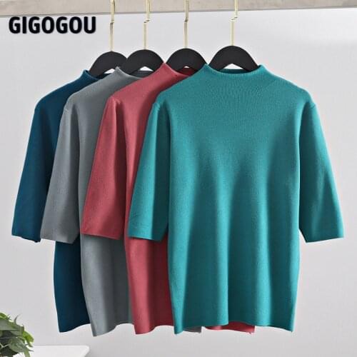 GIGOGOU Spring Autumn Women Sweater Solid Half Sleeve Knitted Pullovers Top Fall Chic Female Jumper Jersey Shirt Pull Femme