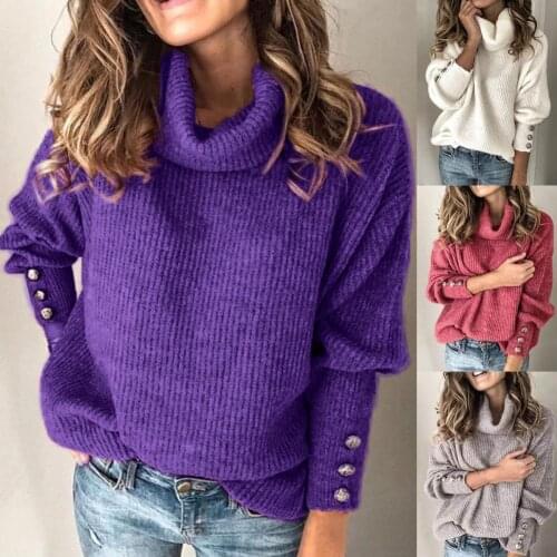 Solid Color Long Sleeve Knitted Sweater Autumn Winter Turtleneck Buttons Cuff Women Pullover Sweater Ladies Clothing