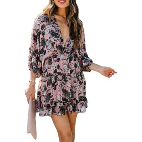 IMCUTE Y2K Bohemian sexy deep V floral print dress womens casual retro backless long-sleeved ruffle dress street loose sundress