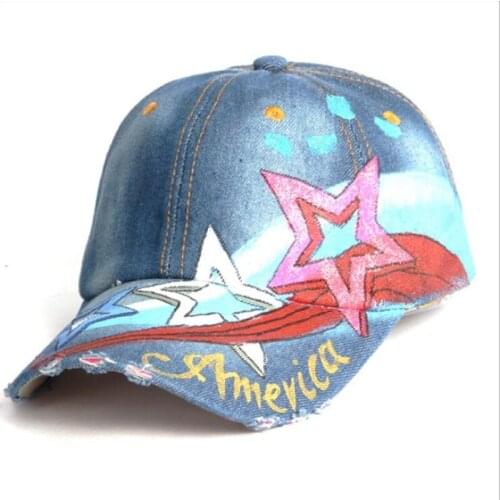 Seioum Denim Solid Blue Jeans NEW YORK City Pentagram American Flag Baseball Hat Cap Cowboy Dad Hat Curved Ball Cap