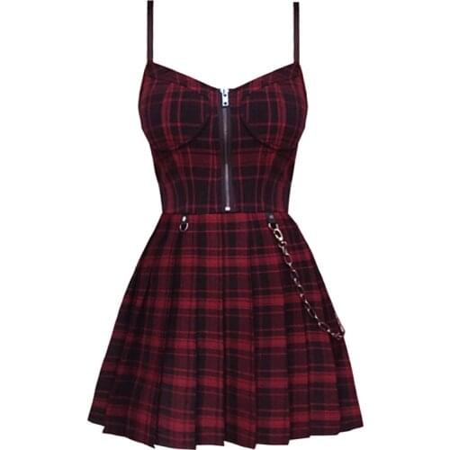 Gothic Girls Plaid Pleated Punk Dress Preppy Red Black Spaghetti Strap Sexy Sleeveless Mini Short Dresses Goth Streetwear WF0201