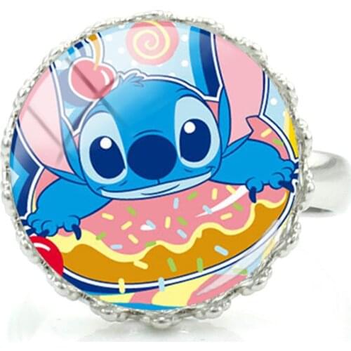 Disney Cute Stitch Ring Cartoon Character Ring Fashion Fun Art Photo Glass Adjustable Creative Design Ring