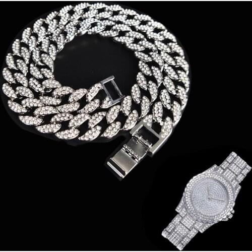 2pcs Kit Hip Hop Iced Out 15MM Miami Cuban Paved Rhinestones Necklace+Watch Bracelet CZ Bling Rapper Necklaces For Man Jewelry