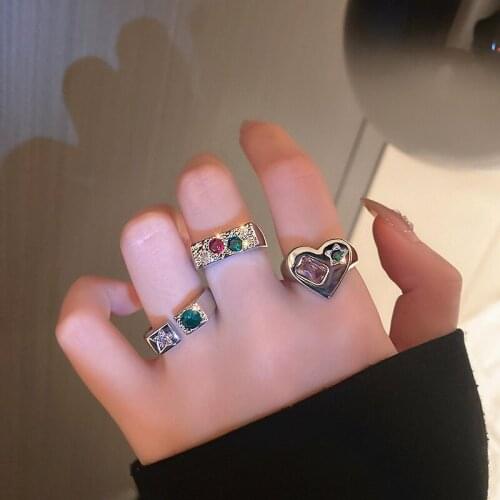 Korean Trendy Geometric Heart Zircon Rings for Women 2021 New Simple Personality Rhinestone Rings Jewelry