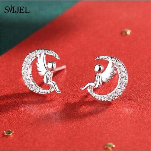 SMJEL Cute Cupid Angel Pendant Earring Women Korean Style Vintage Crystal Moon Earring Ear Jewelry Friendship Girls Gift Lover