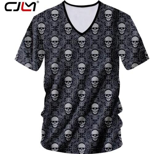 CJLM Man Free Shipping Short Sleeve Tee Shirt Street Style Mens V Neck Tshirt 3D Printed Geometric Pattern Skulls T-shirt