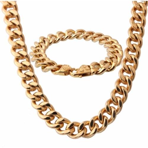 13/15mm Wide Silver Color/Gold/Black/Rose Gold Color Mens Bracelet&Necklace Jewelry Sets Stainless Steel Curb Cuban Link Chain