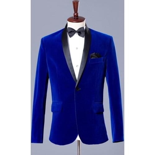Mens Autumn Winter Classic Shawl Collar Royal Blue Velvet Wedding Groom Suit Jacket Leisure Blazer Masculino Slim Fit