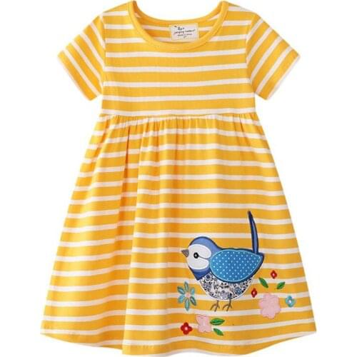 New Arrival Cartoon Birds Girls Party Dresses Baby Cute Stripes Kids Cotton Princess Childrens Frocks Costume