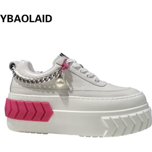 Cowhide Pearl Metal Chain Waterproof Platform Platform with Increased Bottom White Shoes New Cross-lace Thick-soled Casual Shoes