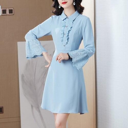 Spring and summer new fashion women solid A line dresses lace edge trumpet wrist sleeve peter pan collar dress