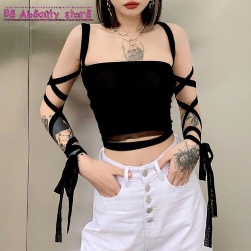Mesh Lace Up Condole Belt Bandage Crop Tops Fairy Grunge Aesthetic Clothes Cyber Y2k Mall Goth Tanks Sexy Clothing