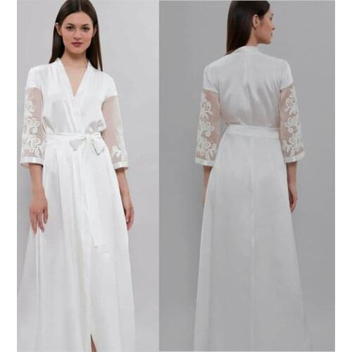 Silk Bathrobes for Women Nightwear White Lace Appliqued Sleepwear 3/4Long Sleeves Women Soft Sexy