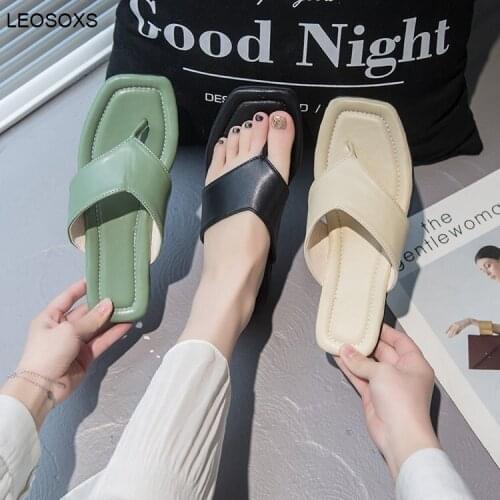 Summer 2021 New Fashion Square Toe Open Toe Flip Flops Female Ins Wind Solid Color All-match Womens Shoes