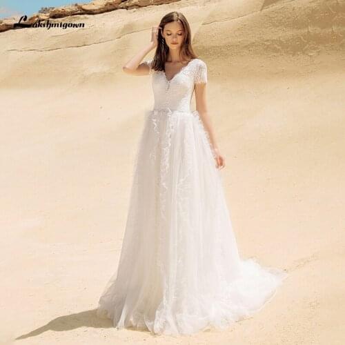 Fairy Beach Wedding Dress abito da sposa 2021 V Neck Short Sleeve Lace Beach A Line Wedding Gown Elegant Tulle Bridal Dress