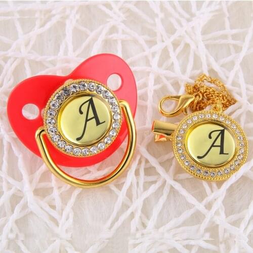 Gold Name Initials Letter Red A Luxury Baby Pacifier With Metal Chain Clip Elegant Silicone Baby Teething Pacifier