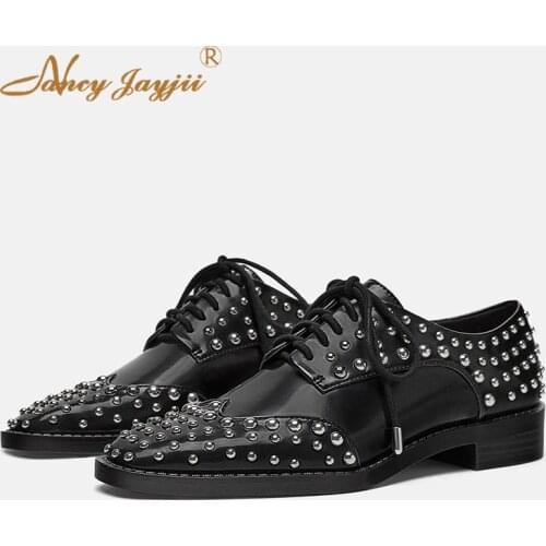 Genuine Leather Studded Lace Up Flats Low Heels Luxury Womens Shoes With Spikes Elegant Fashion Round Toe Career Punk Rock 2019