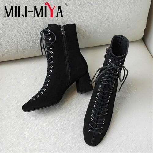MILI-MIYA Fashion Design Genuine Leather Women Ankle Boots Spring Autumn Square Toe Zipper Block Heels Lace Up Plus Size 34-42