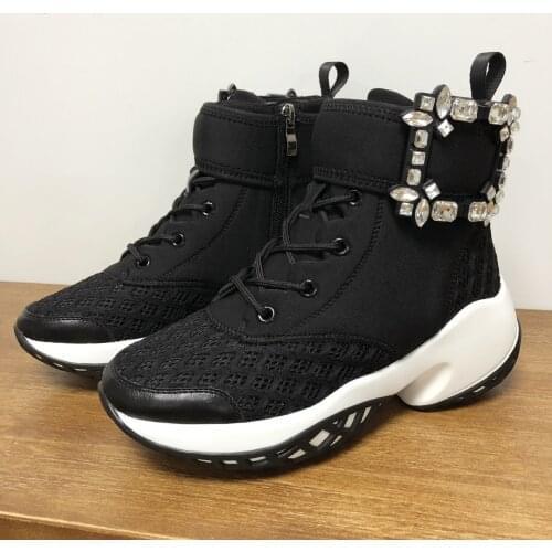 Women Mesh Breathable Square Diamond Crystal Decor Sneakers Buckle Real Leather Casual Clunky Dorky Dad Shoes Ankle Boots Summer