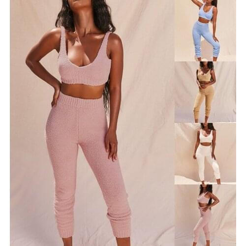 Women 2 Piece Set Sleeveless Fleece Crop Tops Short Pant 2 Pieces Set Plush Homewear Tracksuit