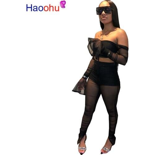 See Through Mesh Sexy 2 Piece Sweatsuit Women Slash Neck Long Sleeve Crop Tops + High Waist Pants Drawstring Ruched Club Outfits