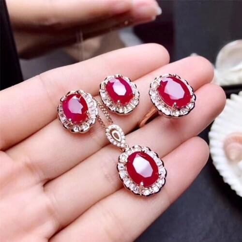 Ruby jewelry sets Classic Sun flower Necklace Ring Earrings 925 Sterling silver women Bride gift fine Jewelry sets #176