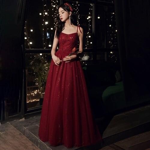 Sequins Burgundy Elegant Evening Dress Spaghetti Strap Simple A-Line Empire Floor-Length V-Neck Woman Formal Party Gowns A1286
