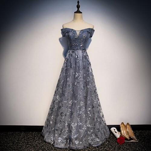 Evening Dresses Boat Neck Deep Blue Bling Patterns A-line Floor-length Plus size Customized Lace up Women Formal Dress R1329