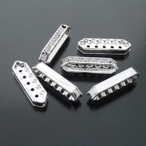 19060)6PCS 26x7MM Silver Color Brass and White Rhinestone Rectangle 5 Holes Spacer Beads Diy Jewelry Findings Accessories