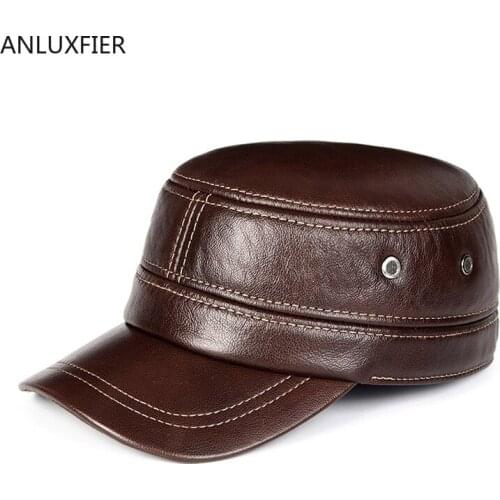 Male Genuine Leather Flat Top Baseball Cap Men Warm Outdoor Ear Protection Cowhide Hat Man Fashionable High Quality Hats H6953
