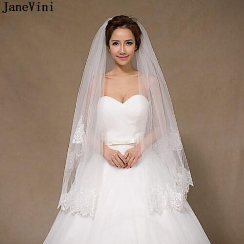 JaneVini Elegant White Tulle Wedding Veils with Comb Two Layers Appliques Edge Sequined Short Bridal Veils Wedding Accessories