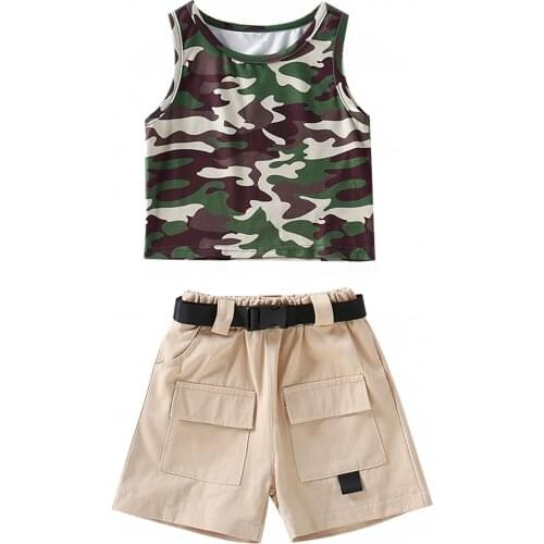 Boys Girls 3pcs Summer Clothes Set Army Green Sleeveless Round Collar Vest Tops + Shorts + Waistband Tracksuits