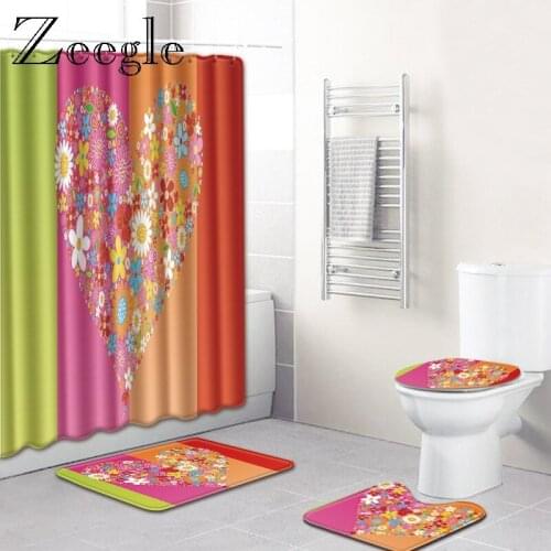 Heart Bath Mat and Flannel Shower Curtain Set Waterproof Home Decoration Shower Curtain Water Absorbing Bath Mat Toilet Foot Mat