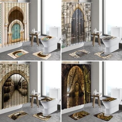 Moroccan Shower Curtain Wooden Barrel Arched Door Oriental Style Wall Decor Bathroom Set Non-Slip Rug Toilet Lid Cover Bath Mat