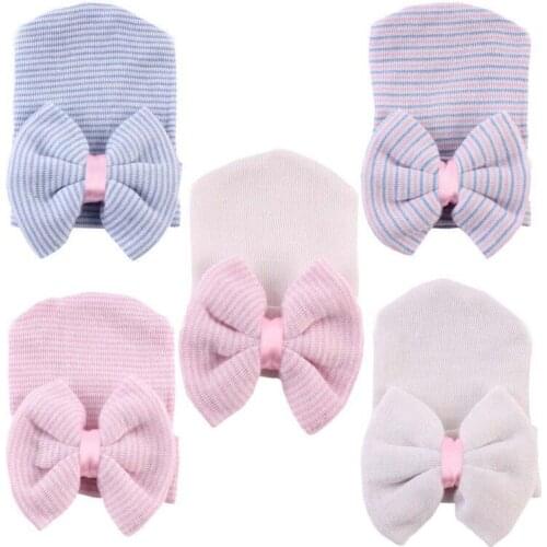 Fashion Newborn Baby Girl Infant Colorful Striped Bow Cap Hospital Warm Soft Beanie Hat Cotton New Hot Sale Good Quality