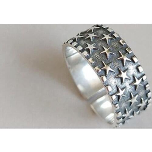 Fashion Personality Retro Thai Silver Stars 925 Sterling Silver Opening Rings Vintage Pentagram Party Jewelry for Women Gift