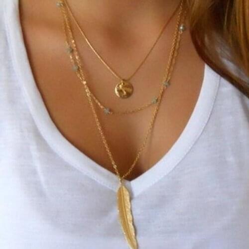 Fashion Gold Color Multilayer Beads Tassels Lariat Necklaces Sweater Chain Choker Feather Pendants Necklaces For Women Bijoux