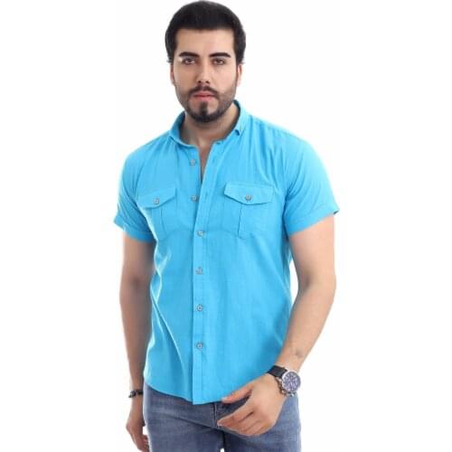 100 COTTON DOUBLE POCKET COVER DÜĞMELİ COLLAR SLYM FİT SHORT SLEEVED TURQUOISE MEN 'S SHIRT