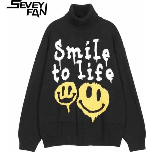 SEVEYFAN Mens Cartoon Smile Face Turtleneck Sweater Hip Hop Loose O Neck Knitwear New Pullover Sweaters for Couples