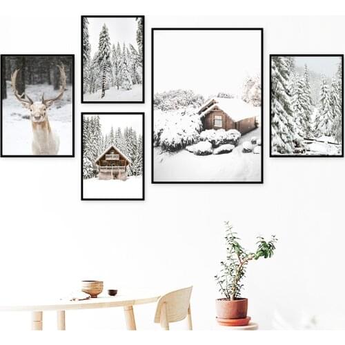 Winter Forest Spruce Pine Reindeer Elk Wall Art Canvas Painting Nordic Posters And Prints Wall Pictures For Living Room Decor