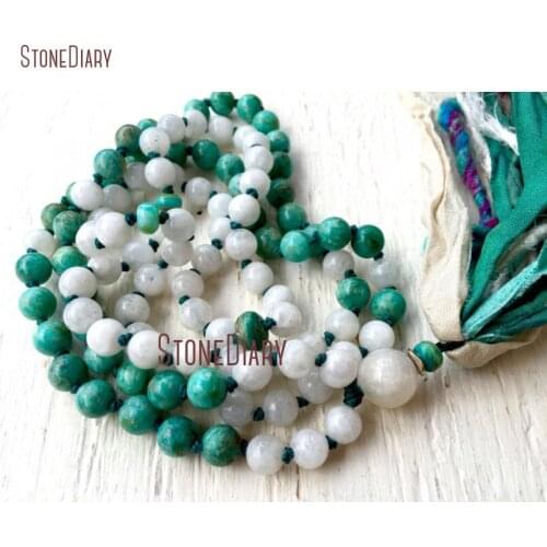 Goddess Mala Beads Necklace Natural Moonstone Russian Amazonite Peruvian Opal Silk Sari Tassel Relief Yoga Necklace NM11078