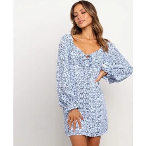 Spring Autumn Sexy V-neck Backless Lace Up Design Blue Dress Women New Floral Print Long Sleeve Casual Slim Holiday Vestidos