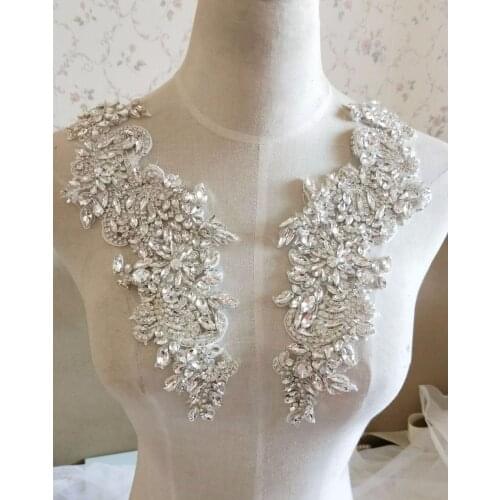 Fabulous Full Rhinestone Crystal Applique Pair For Bridal Accessories Wedding Dress Sash Haute Couture Costume Embellishment