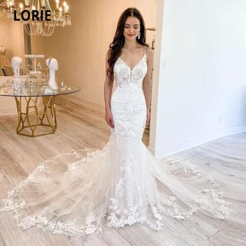 LORIE Boho Wedding Dress Mermaid Spaghetti Strap Appliques Lace Custom Made Luxury Wedding Gown White Ivory Bride Dress 2021