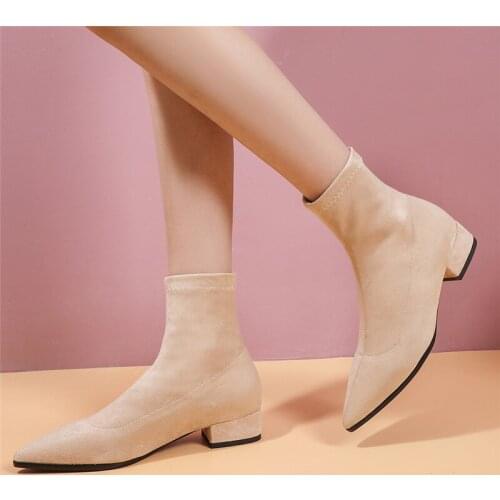 YQBTDL 2021 New Sexy Mid Calf Boots Pointed Toe Nubuck Suede Elastic Sock Boots Black Beige Brown Plus Size Fashion Womens Shoes