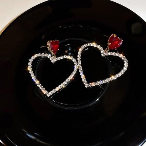 Vintage Big Hollow Rhinestone Heart Earrings for Women Red Crystal Studs Fashion Korean Style Popular Party Jewelry Gift BY42