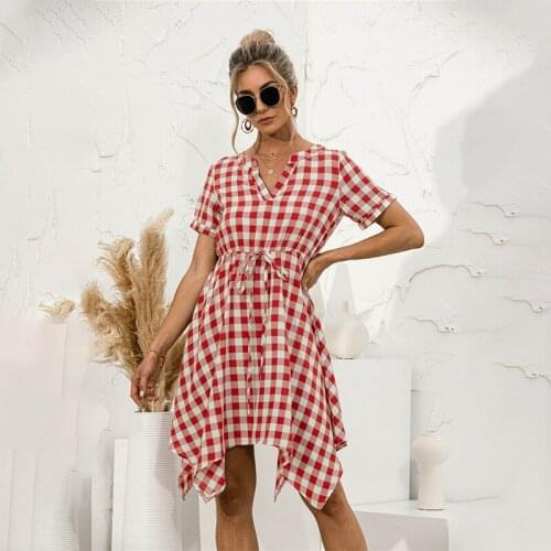 Summer Women Fashion Irregular Slim High Waist Dress Plaid Sundress 2021 Casual Red V Neck Knees Leisure Clothing Vestidos Femme