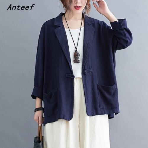 Long sleeve cotton linen plus size vintage ladies causal loose autumn spring blazer women jacket 2021 clothes coat