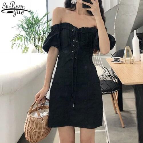 Korean Retro Short Sleeve Puff Sleeve Women Dress Sexy Ruffled Slash Collar High Waist Summer Dress Women Dresses Ladies 13302