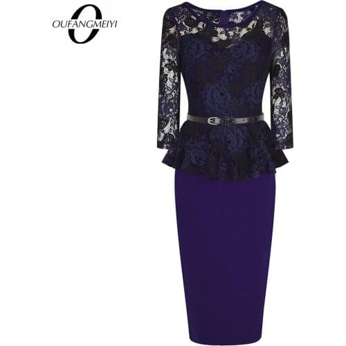 Women Retro Floral Lace See Through Dress Elegant O Neck With Belt Charming Pencil Dress EB360